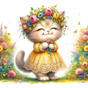 Puede incluir: Una encantadora ilustración de un gatito sonriente con una corona de flores y un vestido amarillo. El gatito sostiene un ramo de flores, rodeado de flores coloridas y mariposas. Un diseño caprichoso y alegre.