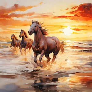 May include: Three brown horses run through the surf on a beach at sunset. The water is a golden color and the sky is a mix of orange, pink, and yellow.