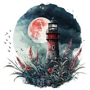 May include: A red lighthouse with a white trim stands tall against a backdrop of a dark blue sky with a large red moon. The lighthouse is surrounded by lush green foliage and red flowers.