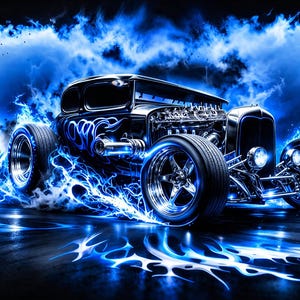 May include: A digitally enhanced image of a classic hot rod car, rendered in shades of black and silver, with vibrant blue flames and lightning effects. The car's engine is visible, and the wheels are large and chrome. The background is dark with blue smoke.