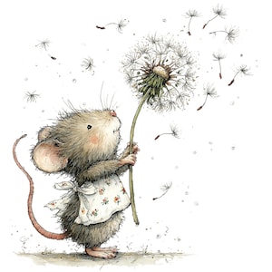Puede incluir: Una caprichosa ilustración en acuarela de un pequeño ratón marrón peludo de pie. El ratón lleva un delantal blanco con un pequeño estampado floral rojo y verde y sostiene un diente de león grande y esponjoso con semillas volando al viento.