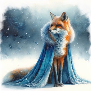 Könnte beinhalten: Ein roter Fuchs, der einen blauen Umhang mit einem weißen Pelzkragen trägt. Der Fuchs steht auf einem schneebedeckten Hintergrund mit einem sternenklaren Himmel.