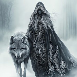 Peut inclure: Illustration numérique d'une personne en cape à capuche ornée de motifs argentés, marchant aux côtés d'un loup gris dans une forêt enneigée. La cape présente un motif de crâne. Ambiance sombre et mystique.