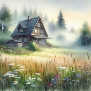 May include: A watercolor painting of a wooden house in a foggy forest setting. The house has a brown roof and white trim. The forest is green and lush, and the fog is white and ethereal. The scene is peaceful and serene.