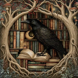 May include: A black raven with gold-flecked feathers stands on an open book, positioned within a circular hollow of a gnarled tree filled with shelves of antique books, red berries, mushrooms, a crescent moon, and a small creature on a branch.