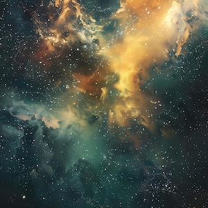 May include: A cosmic nebula with swirling clouds of gas and dust, illuminated by bright stars. The nebula is a vibrant mix of orange, yellow, and green hues, creating a stunning celestial landscape.