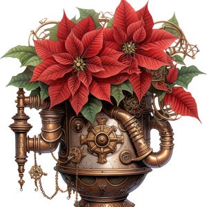 May include: A steampunk-style vase with a brass finish and intricate details, holding a bouquet of red poinsettia flowers.