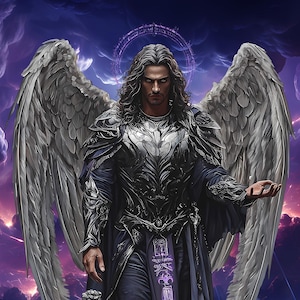 Può includere: Un uomo con lunghi capelli scuri e barba, che indossa una tunica blu scuro e un'armatura argentata, con grandi ali bianche. È in piedi su uno sfondo di nuvole viola e blu con un cerchio viola luminoso dietro di lui.