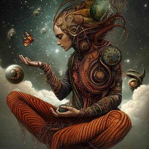 Könnte beinhalten: Eine künstlerische digitale Illustration einer Person in meditativer Pose, verziert mit komplizierten, organisch inspirierten Details. Die Person ist von himmlischen Elementen umgeben, darunter ein Schmetterling, Planeten und ein Sternenhimmel. Die Farbpalette weist warme Erdtöne und kühle Blautöne auf.