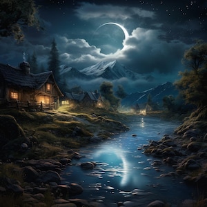 May include: A digital painting of a moonlit landscape featuring a river reflecting the crescent moon. Several quaint cottages with lit windows are nestled along the riverbank, with mountains in the background. The scene is set under a dark, cloudy sky.