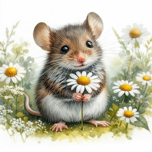 May include: A cute brown and white mouse holding a white daisy with a yellow centre. The mouse is sitting in a field of white daisies.