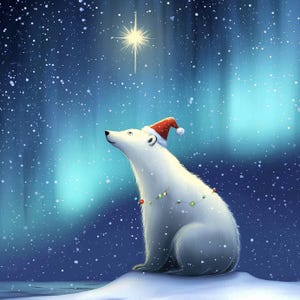 Op de afbeelding: Een digitale illustratie van een ijsbeer met een kerstmuts en een slinger van kerstverlichting. De beer kijkt omhoog naar een heldere ster in een besneeuwde, blauw getinte winterscène. Het kunstwerk roept een feestelijk vakantiethema op.