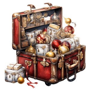 May include: A vintage red suitcase filled with Christmas decorations and presents. The suitcase has brass fittings and a leather handle. The decorations are red, gold, and silver.