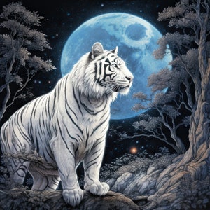 Puede incluir: Un tigre blanco con rayas negras se encuentra de pie sobre una roca bajo una luna llena azul. El tigre está mirando hacia la derecha de la imagen. La luna está rodeada de árboles oscuros y un cielo nocturno estrellado.