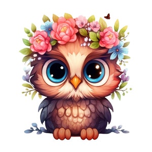 Könnte beinhalten: Eine süße Cartoon-Eule mit großen blauen Augen, die eine Blumenkrone trägt. Die Eule ist braun mit einem hellbraunen Bauch und hat einen kleinen Schnabel. Die Blumenkrone besteht aus rosa, weißen und blauen Blumen.