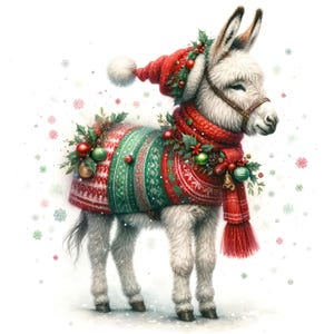 Burro gris navideño en acuarela 2, descarga digital instantánea en formato PDF, compatible con el patrón de punto de cruz, impresión de carta de colores de 14 ct