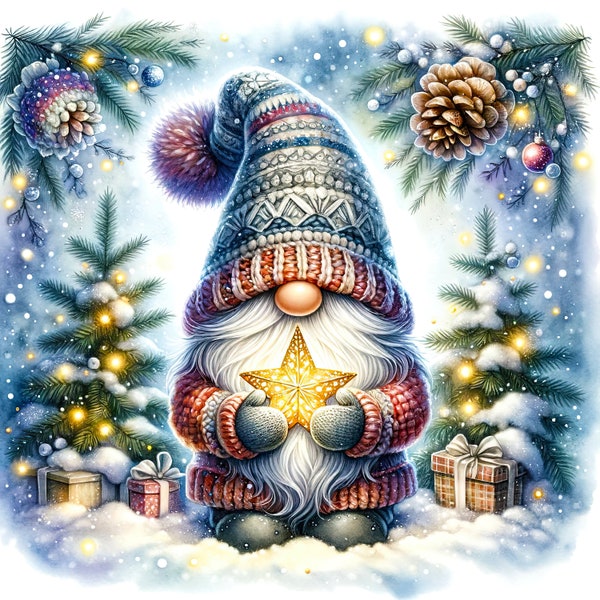 Watercolor Christmas gnome PDF instant digital download counted cross stitch pattern keeper compatible 14ct BW, color chart printout