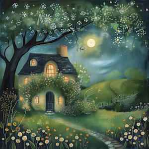 May include: A whimsical painting of a cottage at night. The cottage has a dark roof, a chimney, and is surrounded by lush greenery and flowers. A full moon shines in the starry sky, and a stone path leads to the front door.