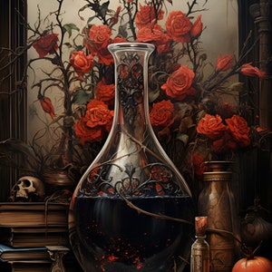 Può includere: Una bottiglia di vetro scuro con un design in metallo decorato, riempita di un liquido scuro e macchie rosse. La bottiglia è circondata da un bouquet di rose rosse con spine, un teschio e altri oggetti antichi.