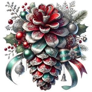 Puede incluir: Un adorno navideño festivo con un cono de pino decorado con detalles rojos, verdes y plateados. El adorno está adornado con acebo, bayas y un copo de nieve plateado.