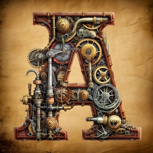 Letra A del alfabeto Steampunk, tamaño grande, compatible con el patrón PDF, descarga digital instantánea, impresión a color en blanco y negro de 18 quilates.