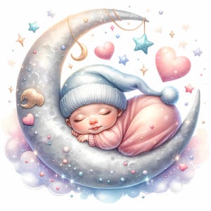 Patrón de arte infantil "Luna de bebé durmiendo", 10 patrones compatibles con PDF, descarga digital instantánea, gráfico de punto de cruz contado para imprimir