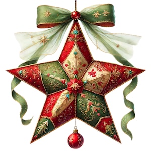 May include: A decorative Christmas star ornament in red, green, and gold. The star has a bow at the top and a small red ball hanging from the bottom. The star is decorated with floral patterns and jewels.