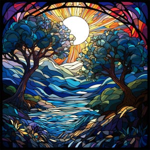 May include: Stained glass art depicting a landscape with two trees, a river, and a bright sun. The artwork uses shades of blue, green, orange, and yellow. The style is reminiscent of a mosaic or a puzzle.