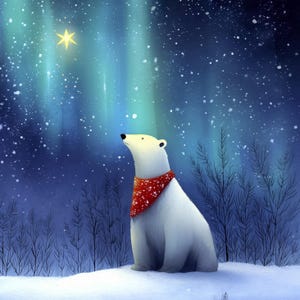 Może przedstawiać: Ilustracja niedźwiedzia polarnego w czerwonej chuście, spoglądającego w górę na jasną żółtą gwiazdę na gwiaździstym niebie. Tło przedstawia niebiesko-zieloną zorzę polarną i sylwetki nagich drzew, tworząc zimową scenerię.