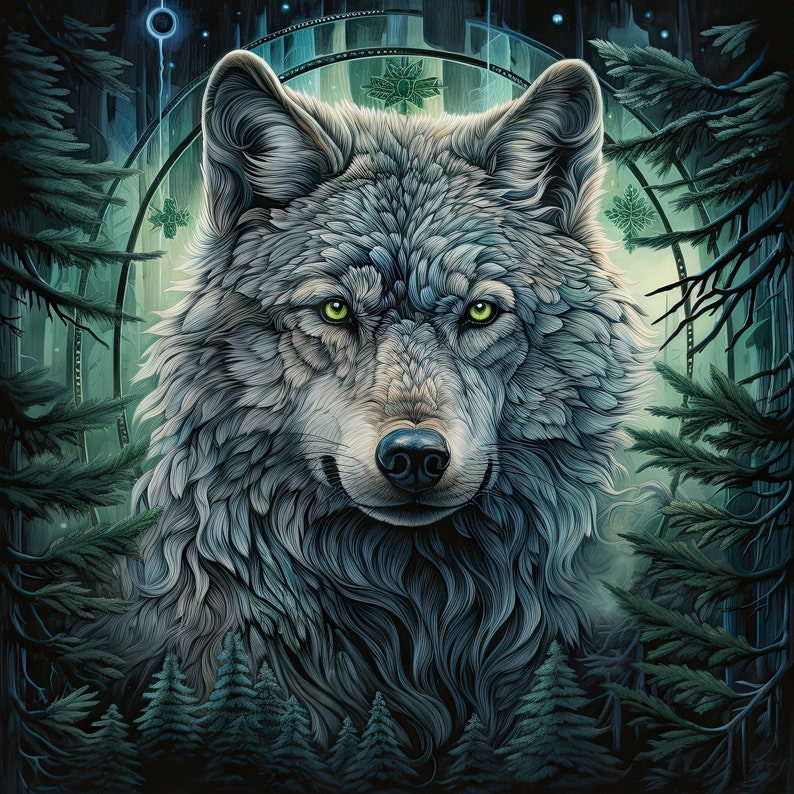 May include: A detailed illustration of a wolf's head with green eyes, set against a dark green forest background. The wolf's fur is a mix of white and gray, with a soft, textured look.