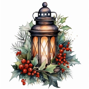 Molde de lanterna de Natal em aquarela compatível com PDF para download digital instantâneo, impressão colorida em preto e branco de 18 quilates