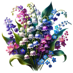 May include: A colourful illustration of a floral bouquet, featuring a variety of flowers in purple, pink, blue, and white. The arrangement includes bell-shaped flowers, small star-shaped blooms, and green leaves, set against a white backdrop.