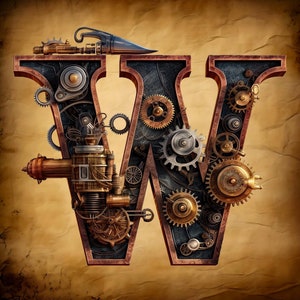 May include: A steampunk-style letter W constructed from metal gears and cogs. The letter is set against a brown, textured background.