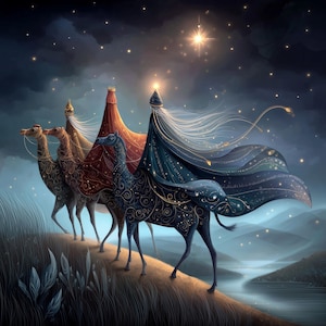 Può includere: Una rappresentazione artistica dei Re Magi sui cammelli, sotto un cielo stellato. I cammelli e i cavalieri sono adornati con motivi intricati e vesti fluenti, con una stella luminosa che brilla sopra di loro. La tavolozza dei colori include blu, marroni e oro.