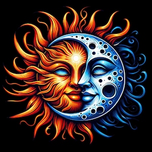 May include: A digital illustration of the sun and moon merged into one face. The sun side is orange and red with radiating lines, while the moon side is blue with craters. The background is black.