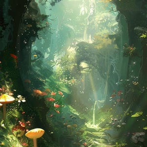 May include: A whimsical forest scene with a path leading through a lush green canopy. The path is lined with colorful mushrooms and flowers, creating a magical and enchanting atmosphere.