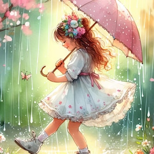 May include: A young girl in a white dress with a pink floral headband walks in the rain holding a pink umbrella. She is wearing white boots and has a happy expression on her face.