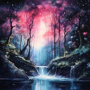 Peut inclure: Une peinture numérique d'une forêt magique avec une cascade qui se jette dans une mare d'eau. Les arbres sont en silhouette contre un ciel rose et bleu avec des étoiles blanches.