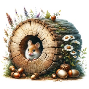 May include: A small brown mouse peeks out of a hollowed-out tree trunk. The trunk is surrounded by green grass and wildflowers, including daisies and lavender. There are several acorns scattered around the base of the trunk.
