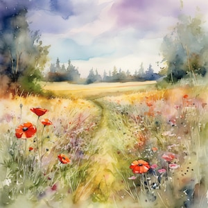 Könnte beinhalten: Ein Aquarellgemälde eines Wildblumenfeldes mit einem Weg, der durch die Mitte führt. Die Blumen sind in Schattierungen von Rosa, Lila und Weiß, und der Weg ist von hohem Gras gesäumt. Der Hintergrund ist ein sanfter blauer Himmel mit flauschigen Wolken.