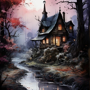 Casa assombrada assustadora cena de Halloween PDF download digital instantâneo contado padrão de ponto cruz compatível com BW, impressão de gráfico de cores