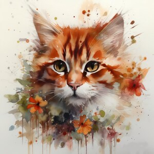 Floral cat 13 orange tabby kitty pdf instant digitale download geteld kruissteekpatroonhouder compatibel, kleurenkaart afdruk