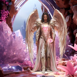 May include: A figure with long brown hair and white feathered wings stands in a pink crystal cave. The figure is wearing a white and gold armor with a pink heart design. The figure is holding a glowing pink heart in their hand.