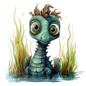 May include: A cartoon illustration of a green and blue sea serpent with a spiky brown mane, peeking out of the water with a friendly expression. The serpent is surrounded by green and yellow seaweed.