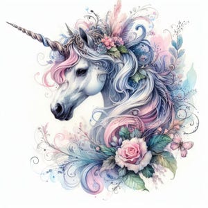 May include: A watercolour painting of a white unicorn with a pink mane and tail. The unicorn is adorned with a floral crown and surrounded by delicate flowers and leaves.