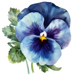 Può includere: Un dipinto ad acquerello di un fiore di viola del pensiero blu con foglie verdi.