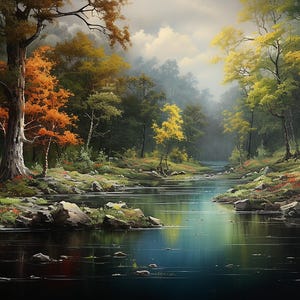 Pode incluir: Uma pintura de uma cena de floresta com um rio fluindo através dela. As árvores são uma mistura de verde e amarelo, e a água é de um azul profundo. Há rochas nas margens do rio, e o céu é de um azul claro.