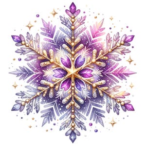 Puede incluir: Un copo de nieve morado y dorado con una estrella en el centro. El copo de nieve está decorado con purpurina y joyas.