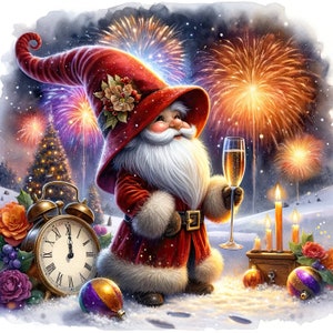 May include: A red and white gnome with a long white beard holds a glass of champagne and stands in front of a clock that reads 12:00. The gnome is wearing a red hat with a white trim and a red and white coat. The background is a snowy scene with fireworks exploding in the sky.
