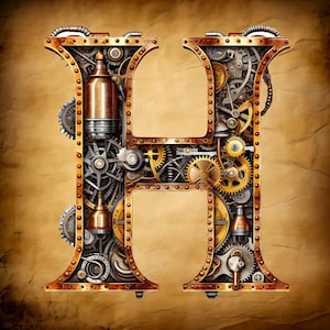 Letra H do alfabeto steampunk, tamanho grande, compatível com PDF, download digital instantâneo, impressão colorida em preto e branco de 18 quilates